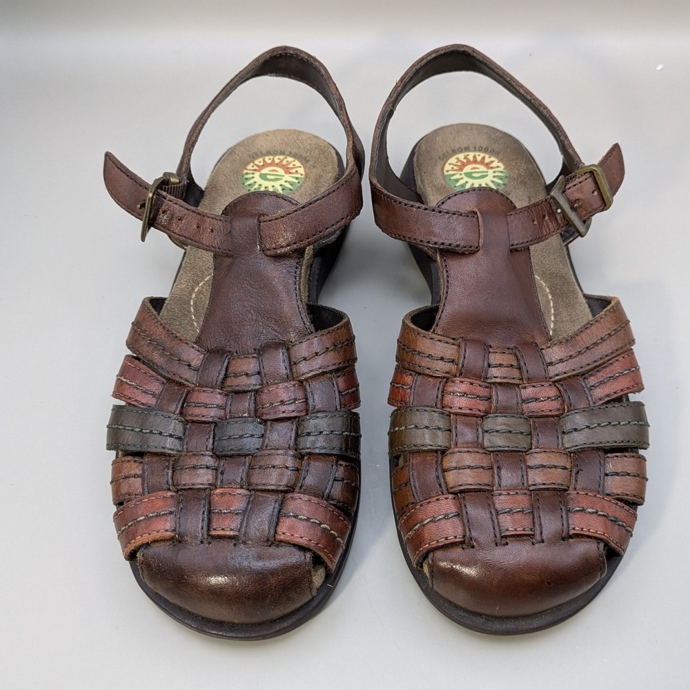 Earth Spirit Ginseng Brown Leather Woven Fisherman Sandals Womens Size 7